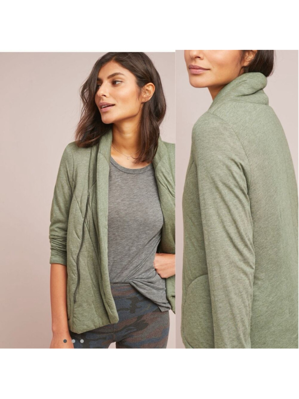 Saturday Sunday Green Quilted Shawl Collar Cotton Modal Zip Jacket L